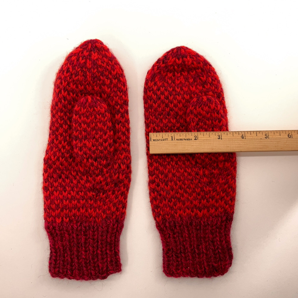 Red pattern home knit winter mittens fisherman style