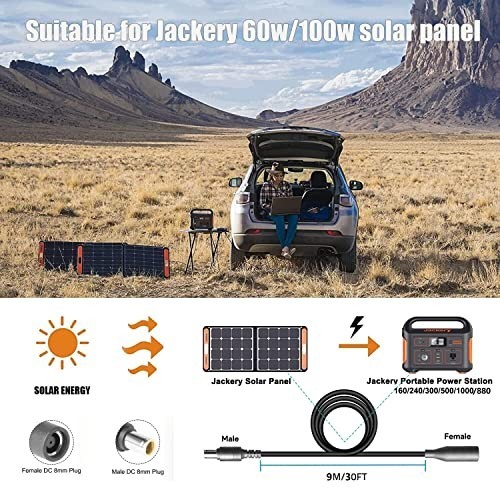 30Ft Jackery Extension Cable 14AWG 8mm Solar Panel Black