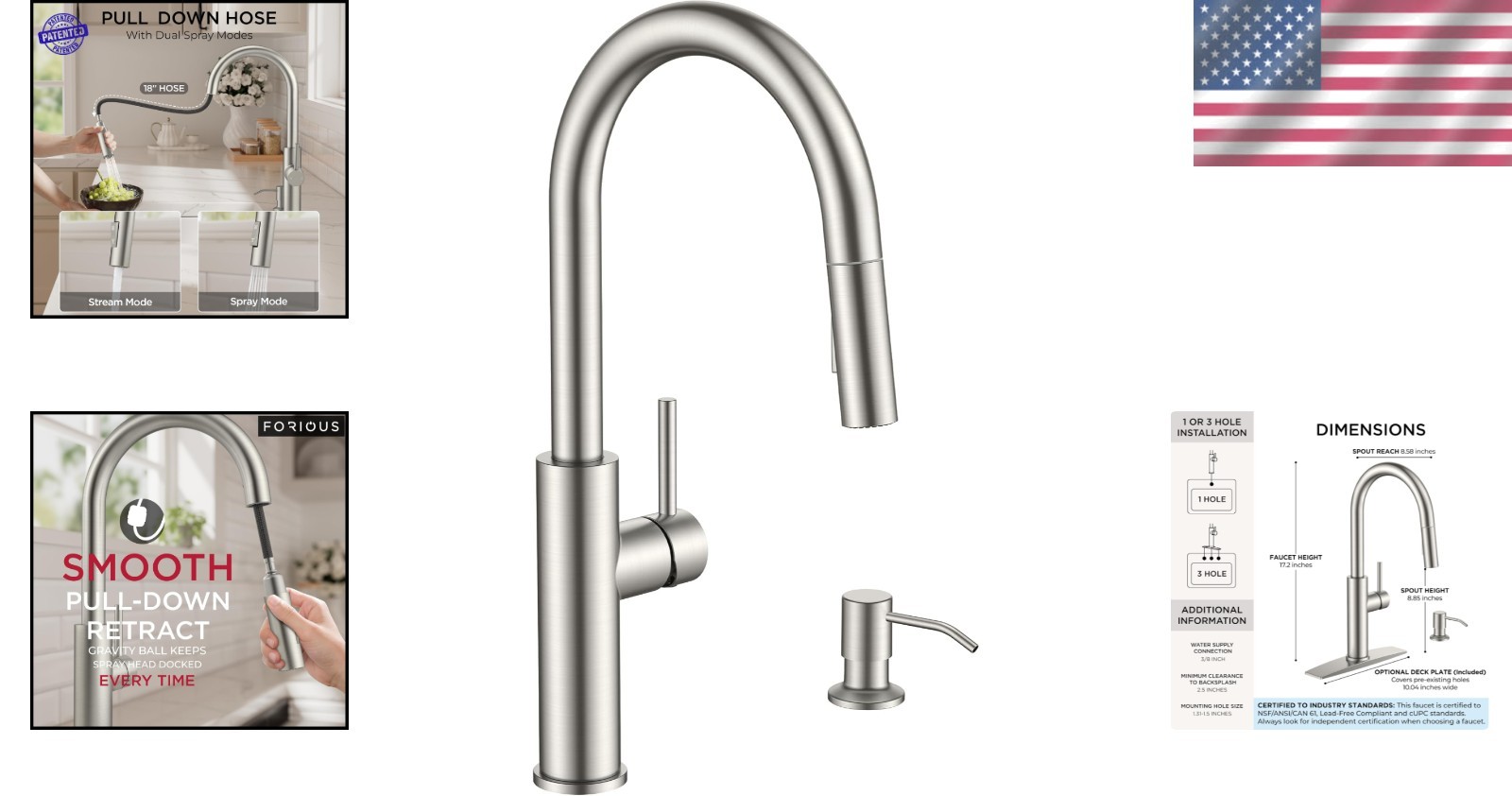 Versatile Brushed Nickel Kitchen Faucet with Pull Down Sprayer & Soap Dispenser