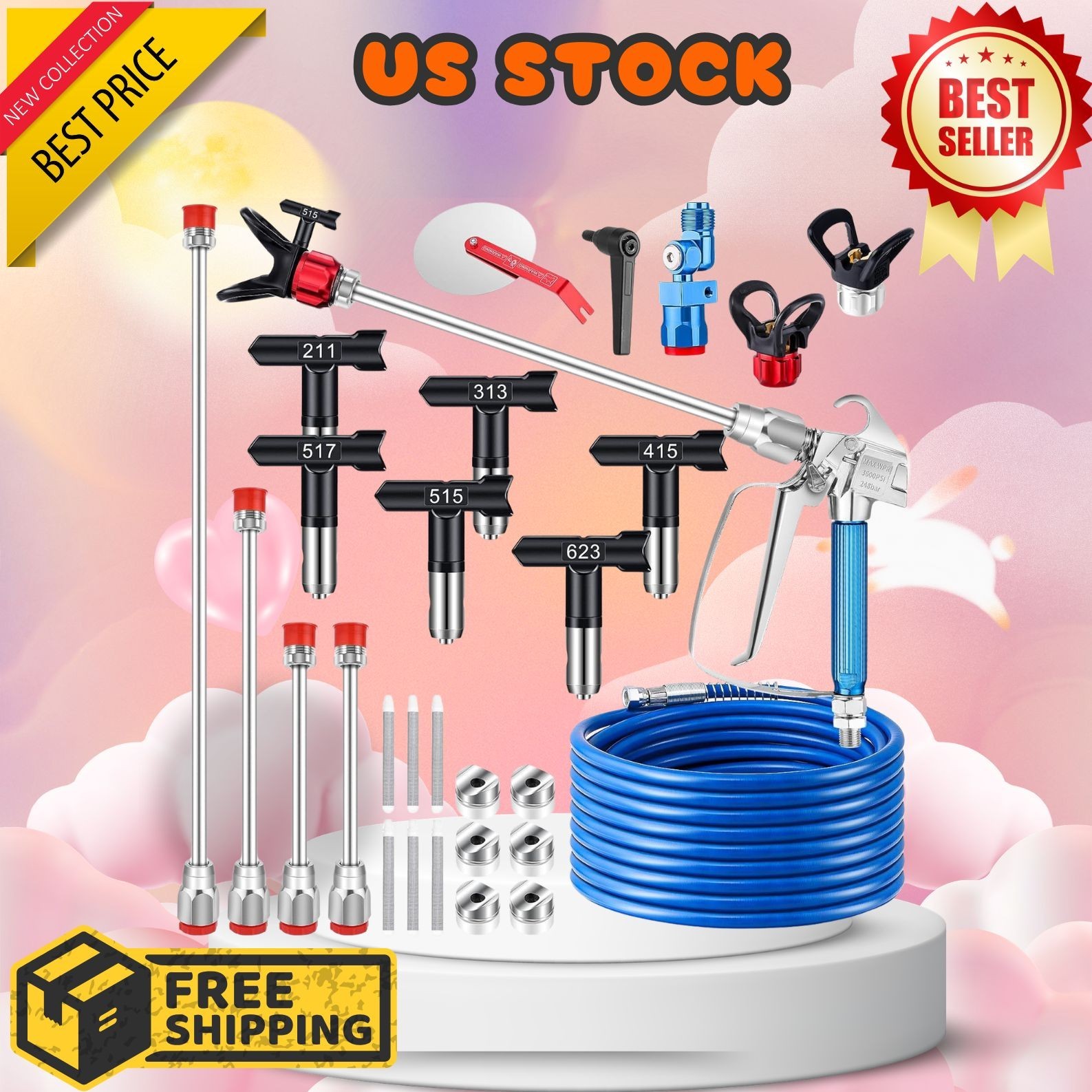 Airless Paint Spray Gun Kit (22 Pcs) - 3600PSI High Pressure 50Ft Hose