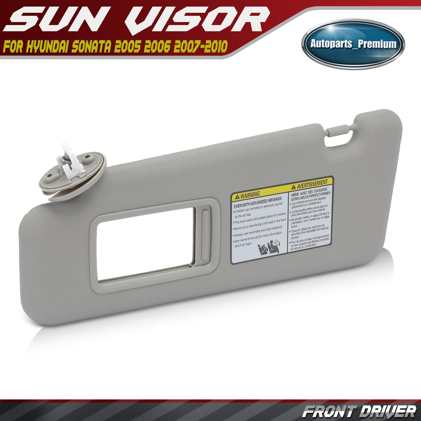 Gray Driver Side Sun Visor w/ Extender & Mirror for Toyota Highlander 2008-2013
