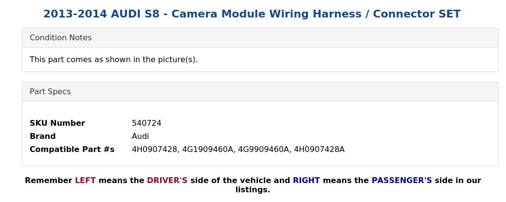 2013-2014 AUDI S8 - Camera Module Wiring Harness / Connector SET