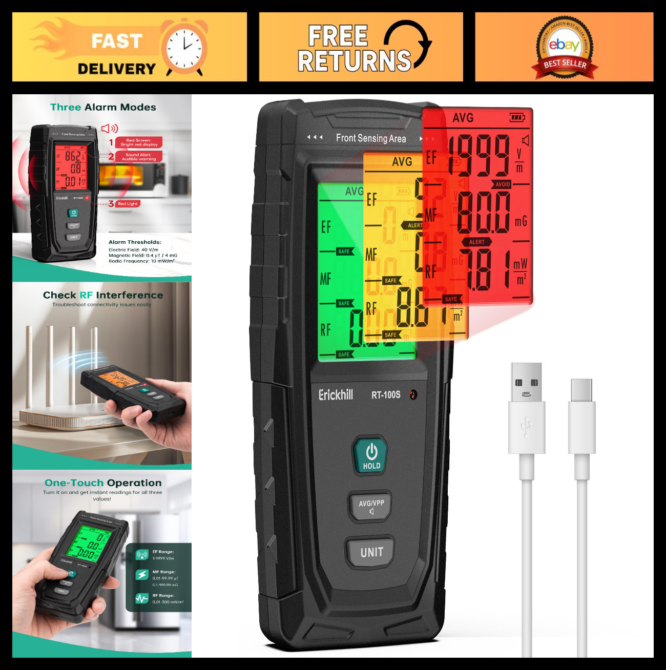 3-in-1 EMF Detector - Electromagnetic Field Radiation Meter for RF, MF, WiFi, 5G
