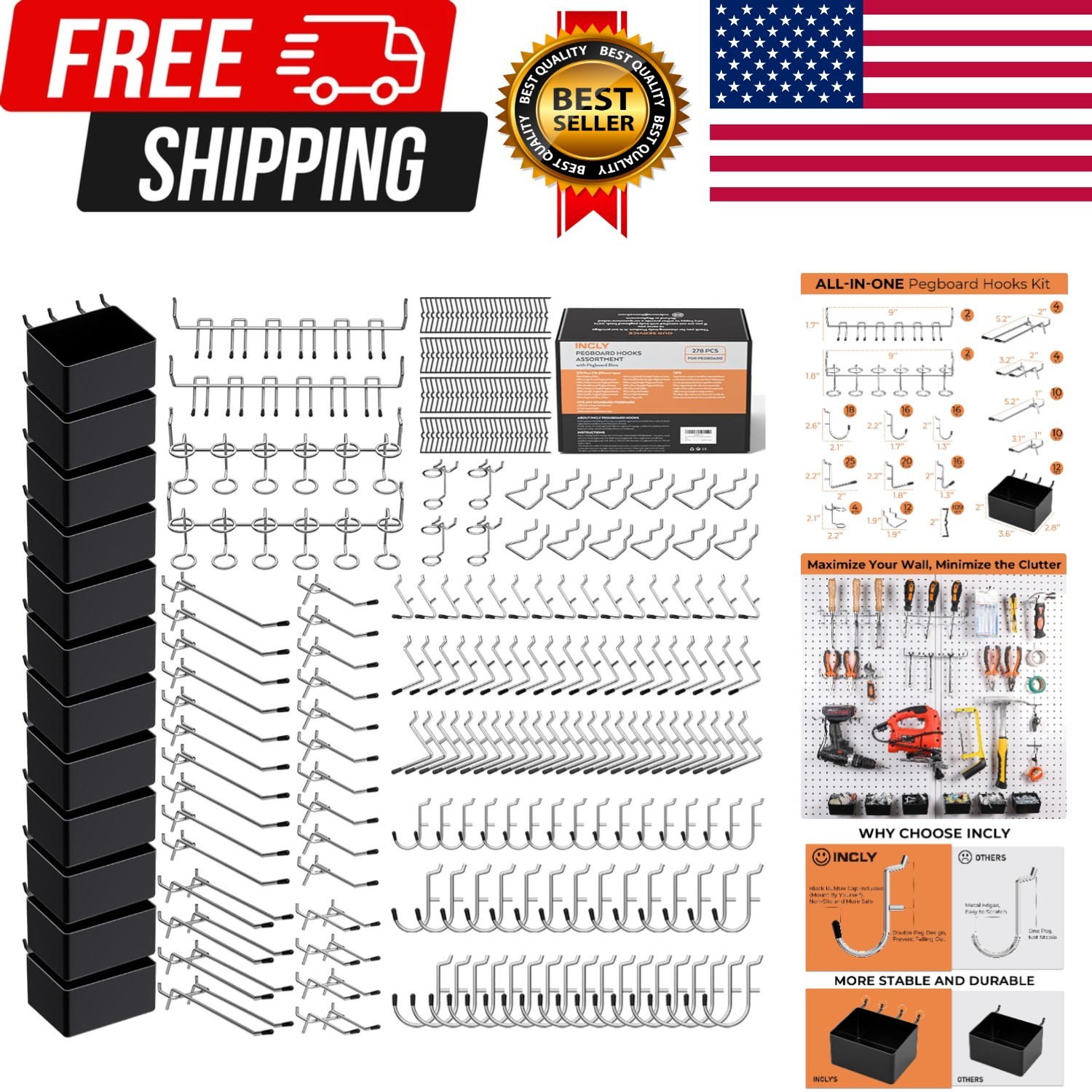 278PCS Pegboard Accessories Organizer Kit, Peg Board Hooks Assortment with Bi...