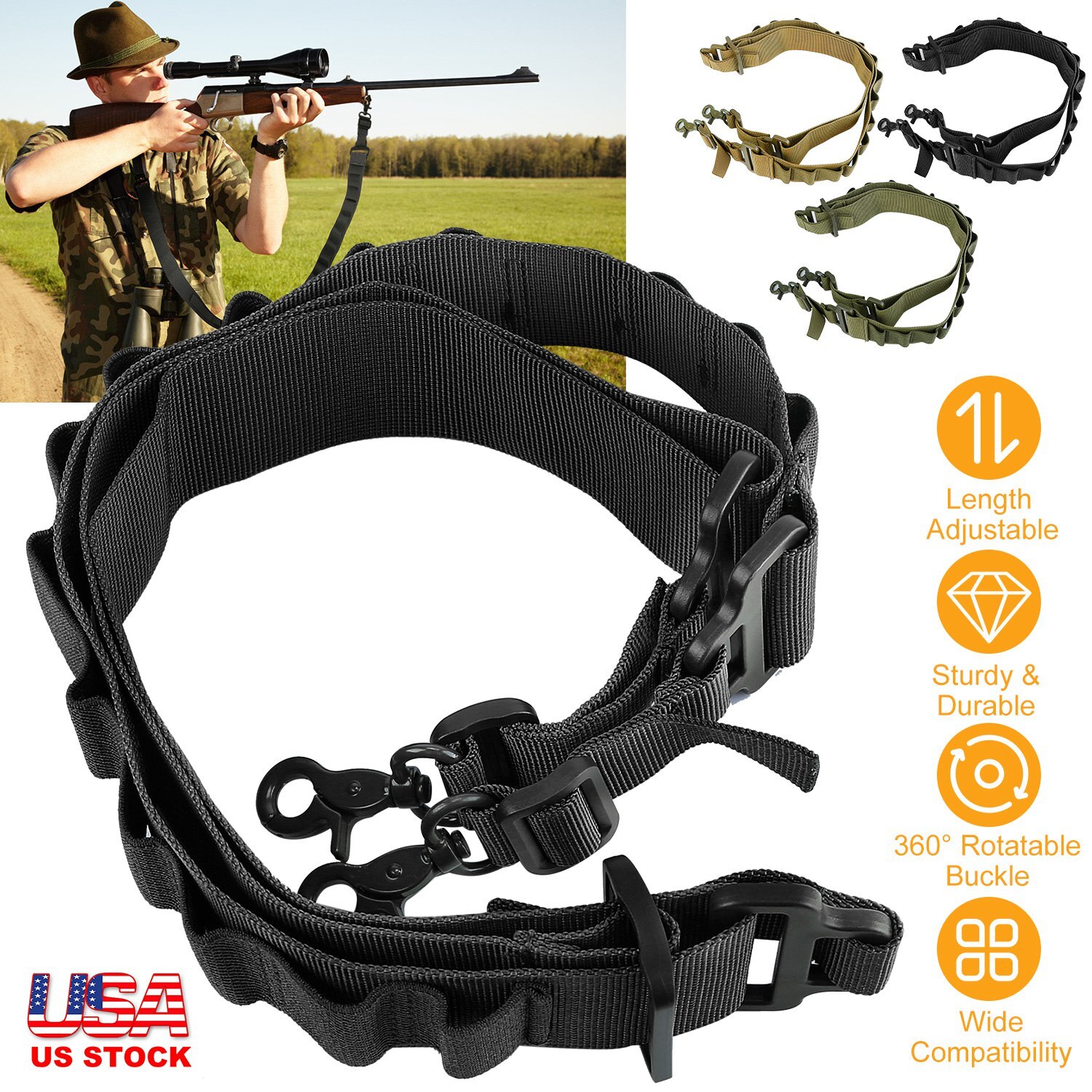 Tactical Two Point Sling Strap Rifle Gun Sling Shoulder Strap with 2 QD Buckle