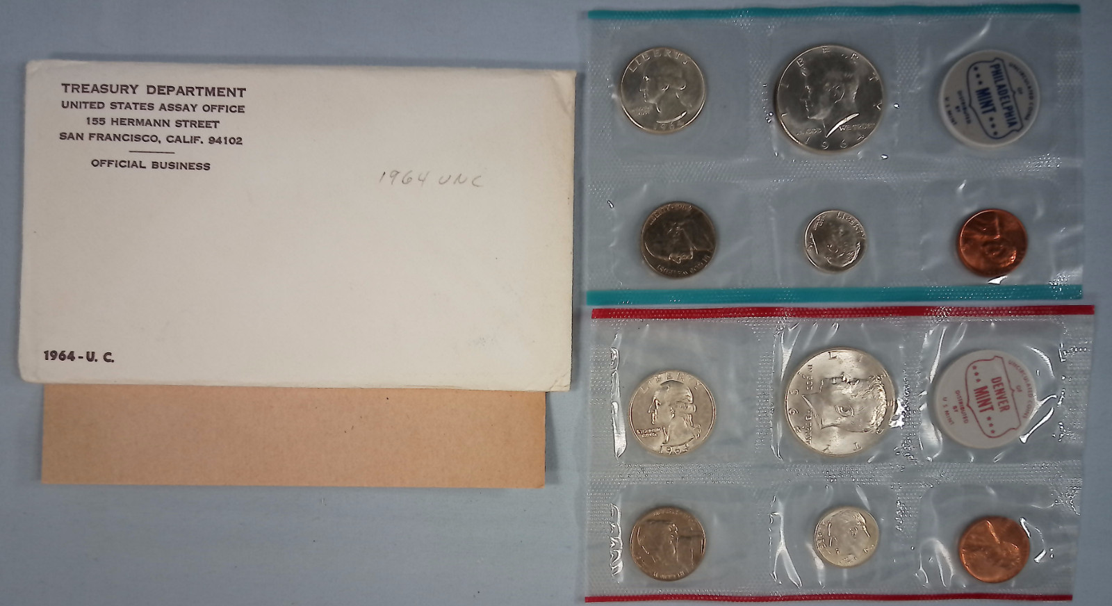 1964 P D United States Mint Uncirculated Set 10-Coins 90% Silver 50C 25C 10C