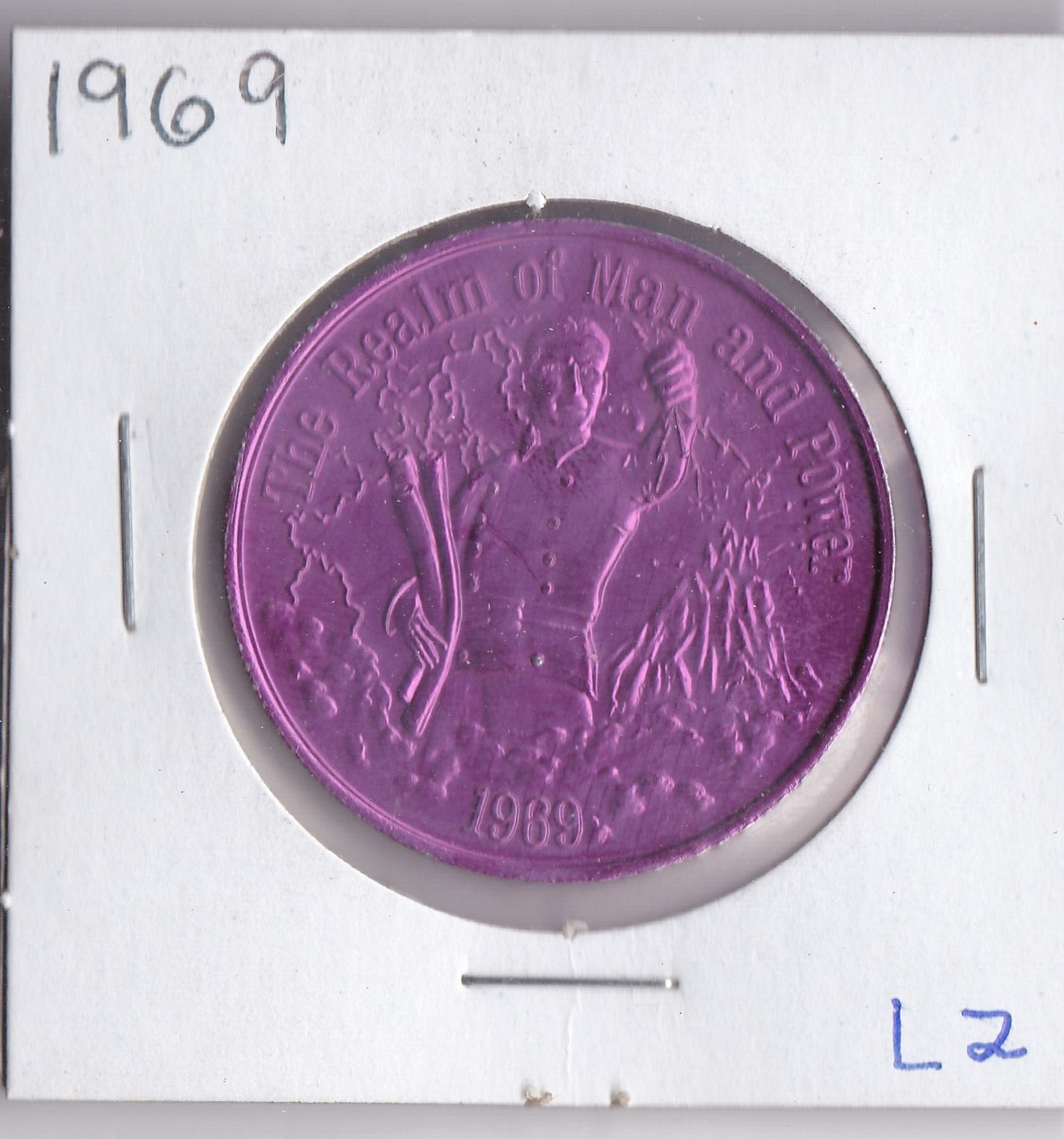 1969  Mardi Gras ALUMINUM DOUBLOON (The Realm of Man and Power L2) Purple