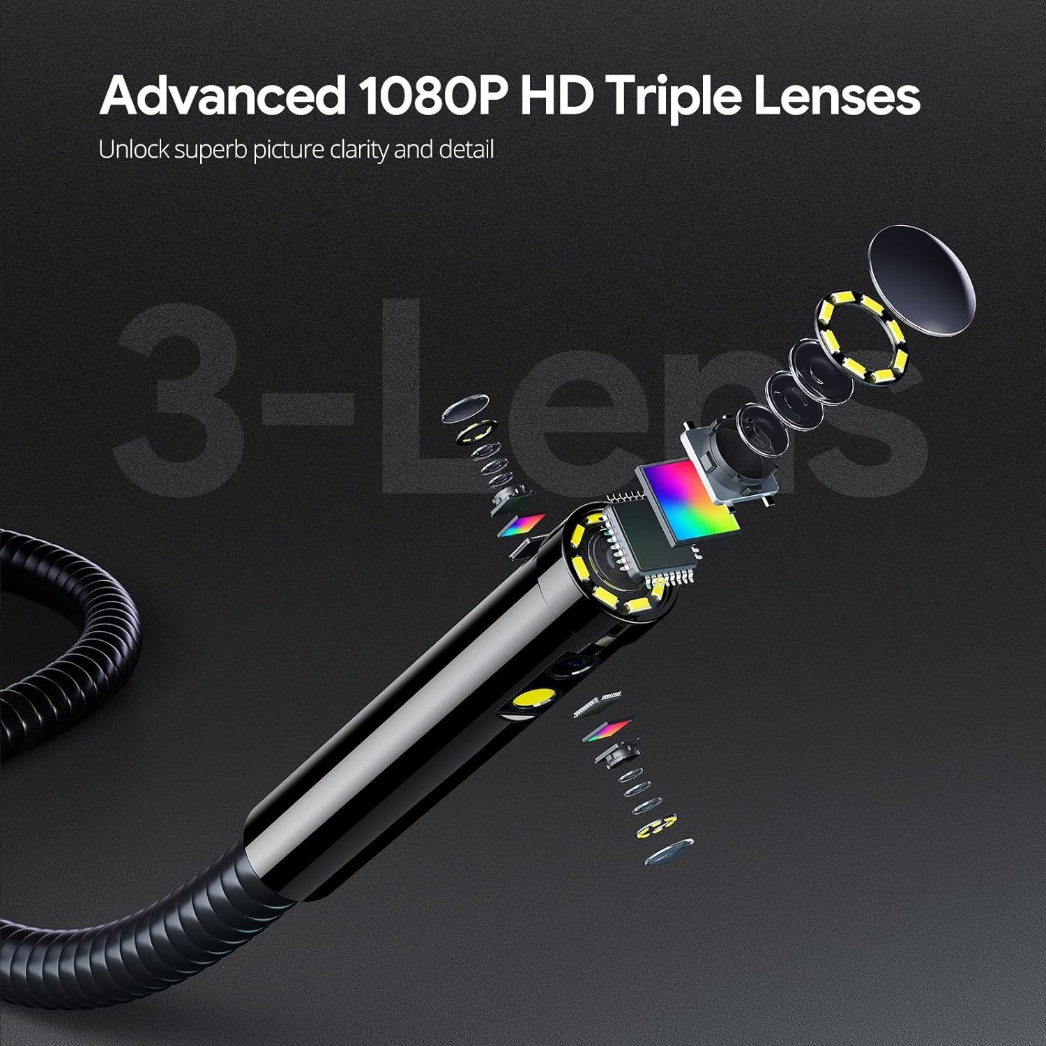 Endoscope, 7'' IPS Screen Borescope Camera with Light, Triple-Lens Inspection Ca