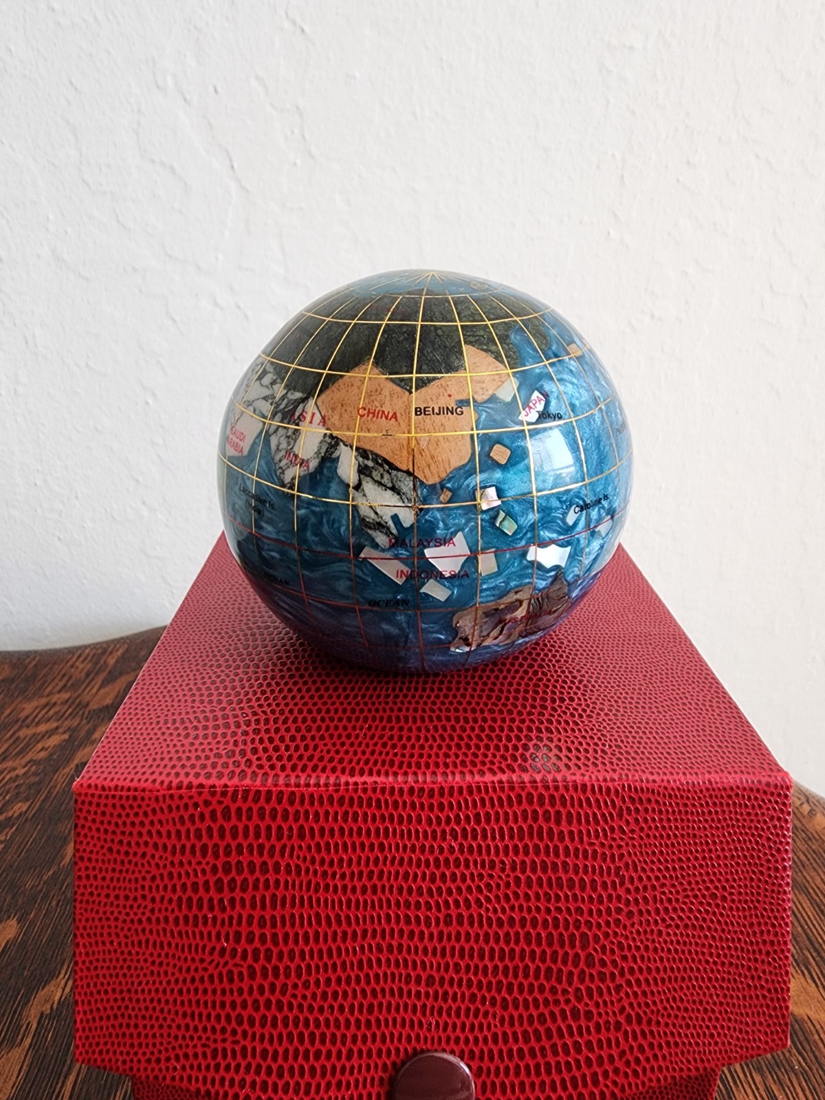 Handcrafted Gemstone Globe Paperweight in Decorative Red Box