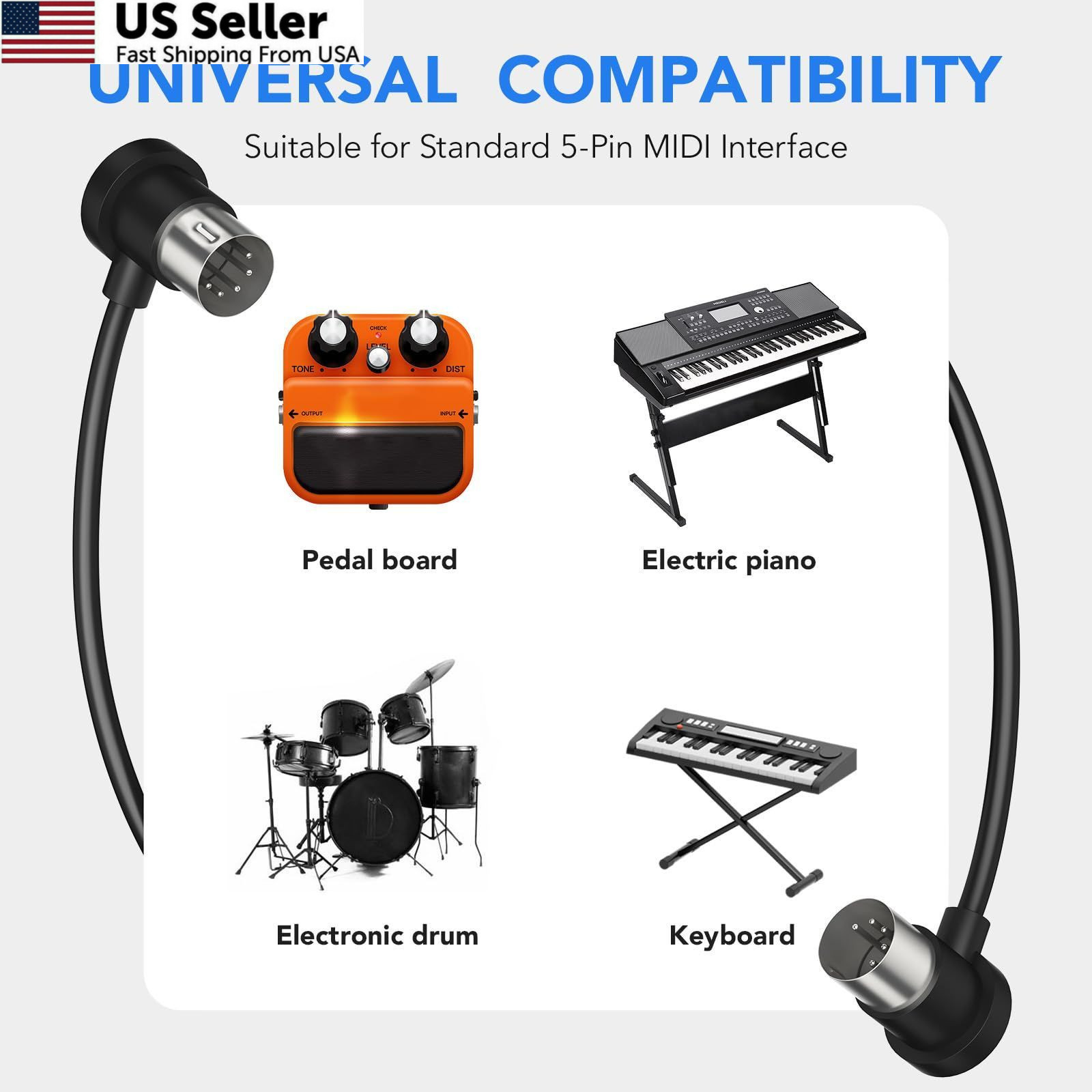 Heams 4 Pack Premium Right Angle MIDI Cable 2FT, Low Profile for 2 FT, Black