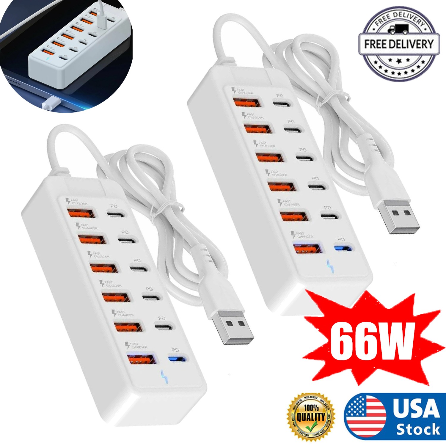 1/2 PACK USB Charger Station 66W, 12 Ports USB Charger Block Multiple Charging