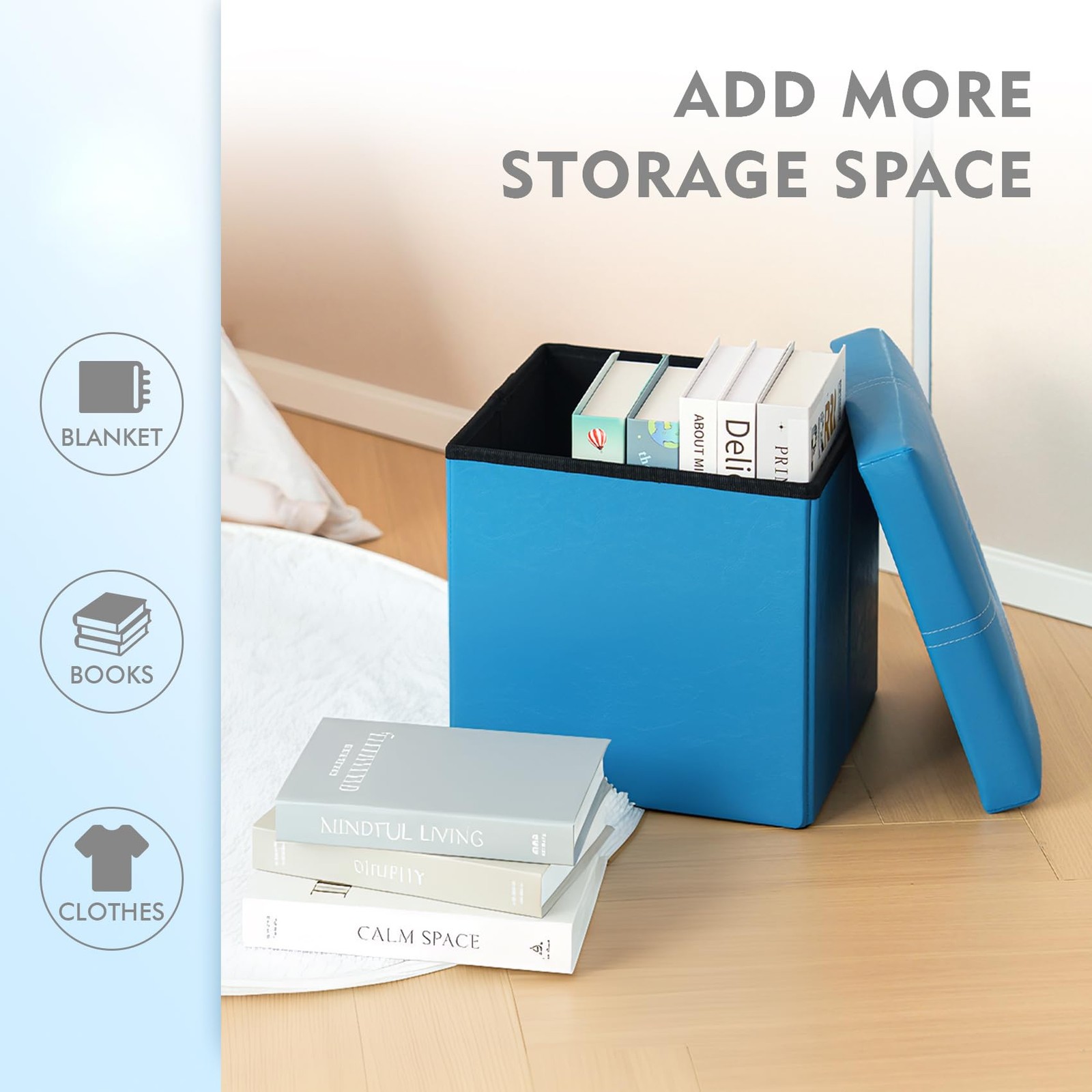 Folding Storage Ottoman Cube, Faux Leather Footrest Seat Coffee Table, Blue 1...