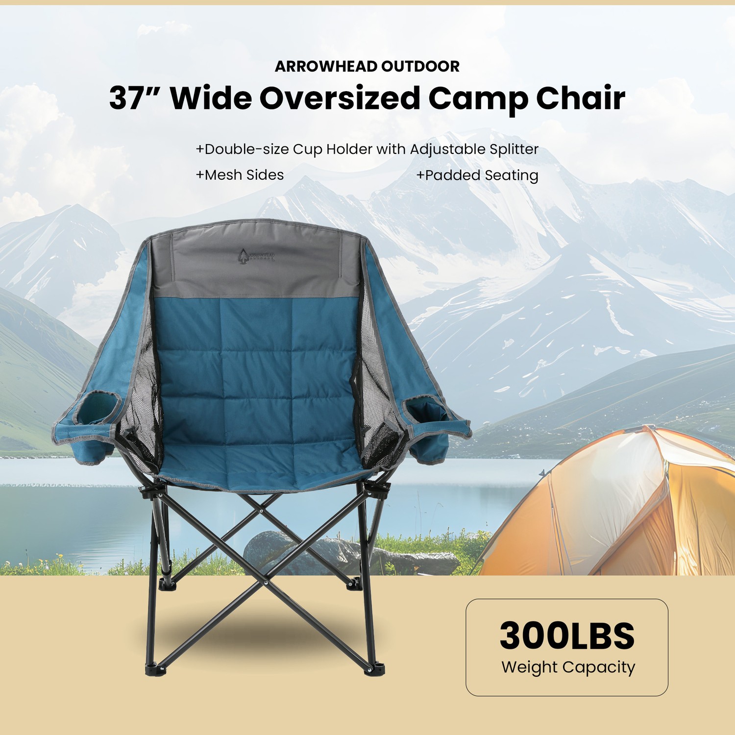 Portable Oversized Folding Camp Chair 2 Cup Holders Side Mesh Pockets Carry Bag