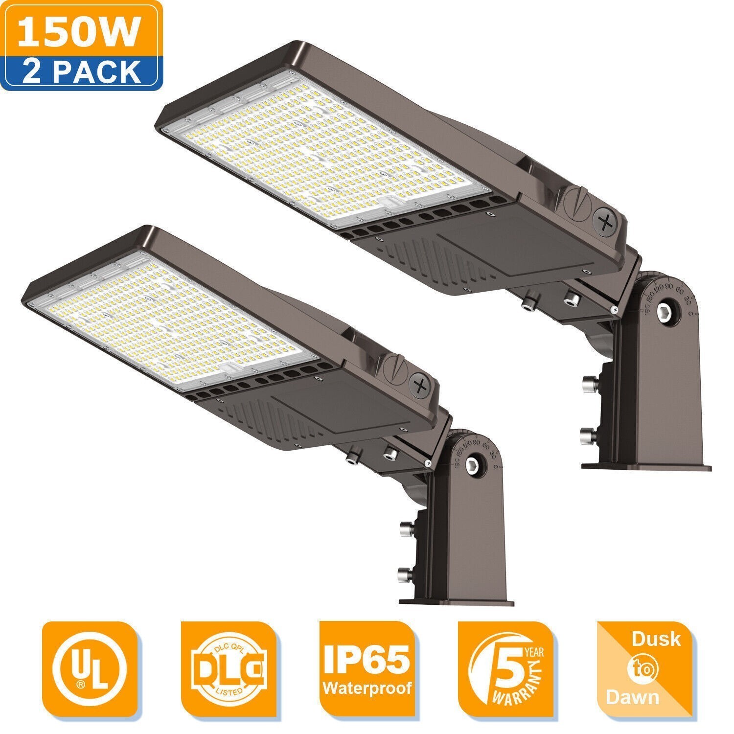 2Pack 150W LED Shoebox Parking Lot Light Dusk To Dawn Outdoor Street Fixture DLC