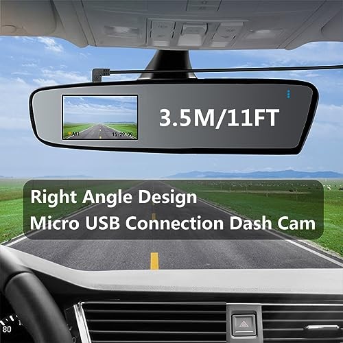 90 Degree Dash Cam Micro USB Power Cord 11FT, Right Micro USB Right Angle 3.5M