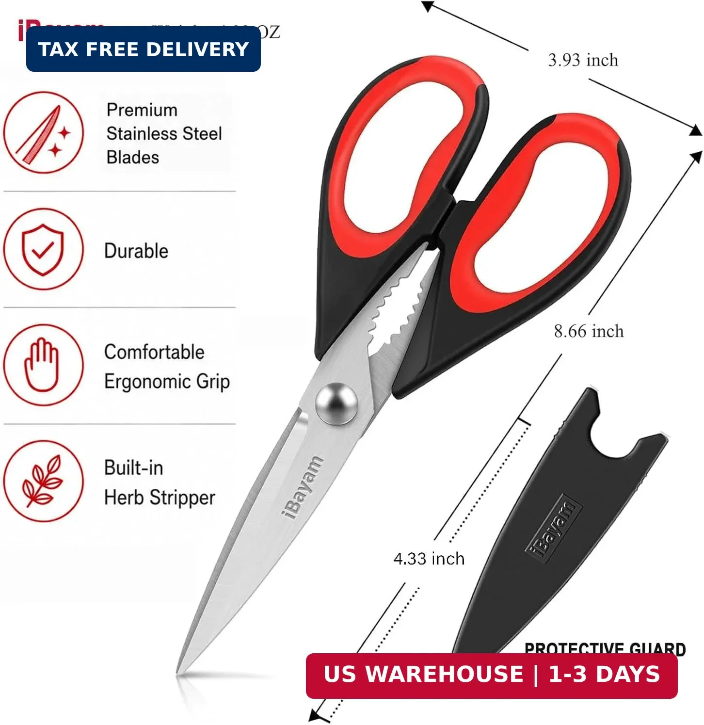 iBayam 3-Pack 8.7" Kitchen Scissors All Purpose Heavy Duty Shears w/Sheath | Sof