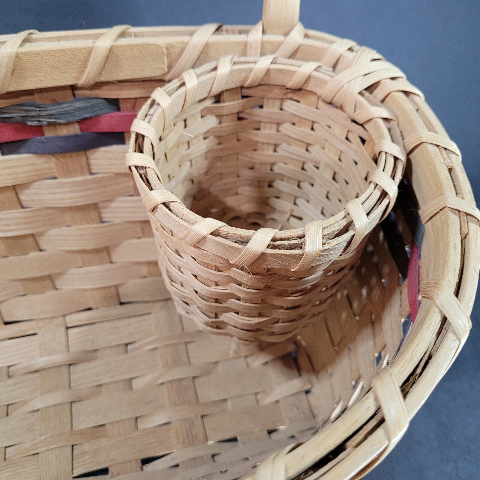 Woven Hanging Basket with Cup Holder Flat Back One Handle Red and blue