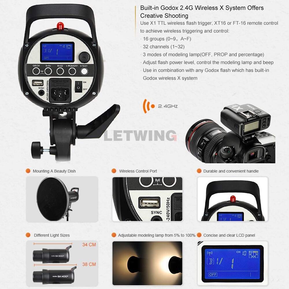 US Godox 400W SK400II Studio Flash Stroble Head+ 120cm Softbox 2.8m Light Stand