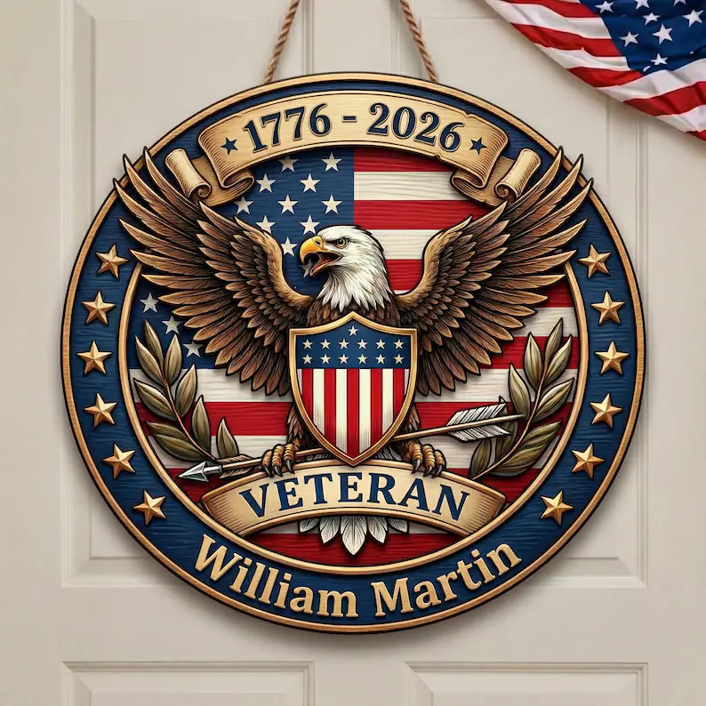 Veteran 250th Anniversary Eagle Patriotic Wall Sign with Rope