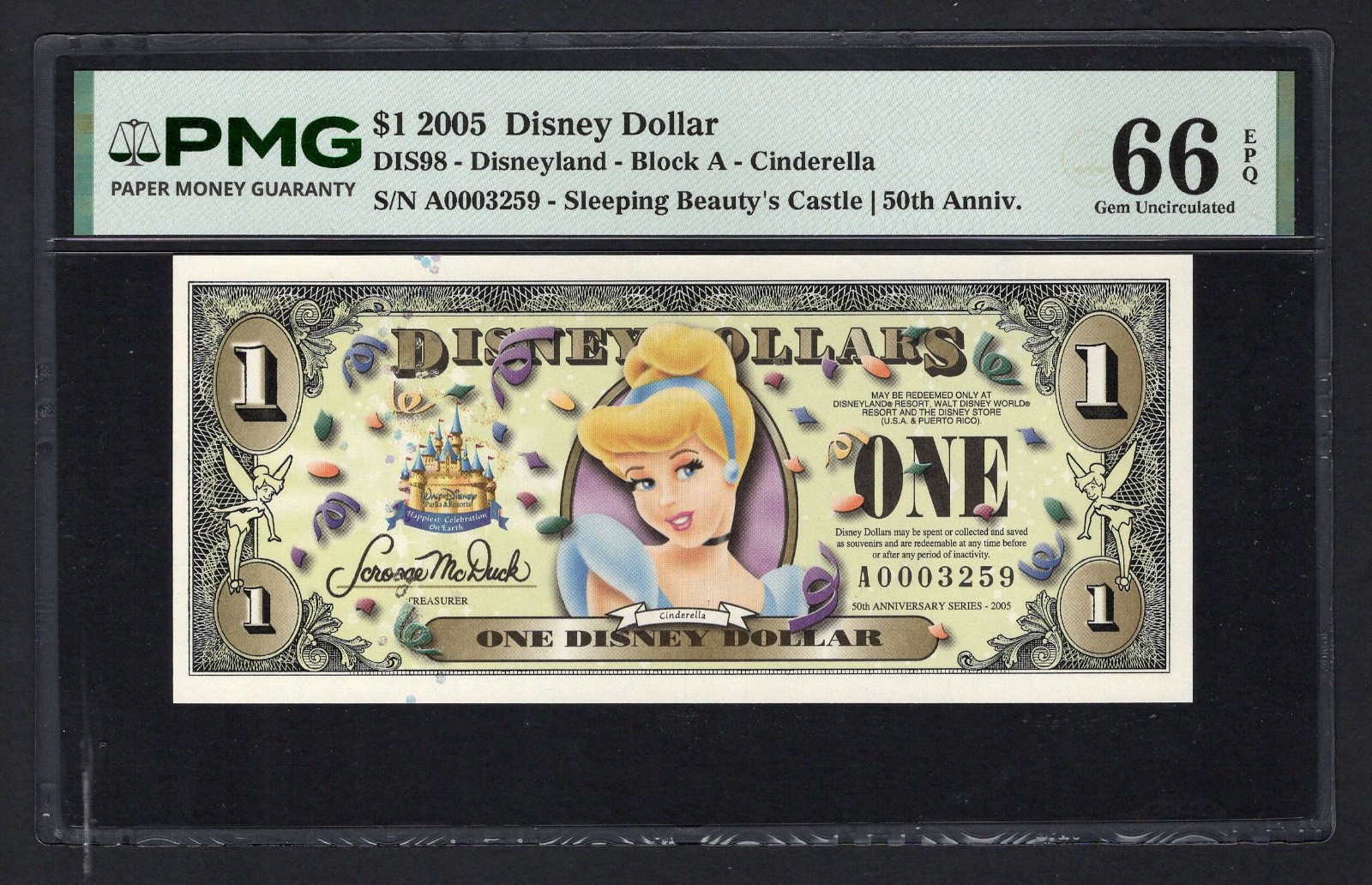 Disney Dollar One Dollar 2005 DIS98 S/N 0003259 Uncirculated Grade 66