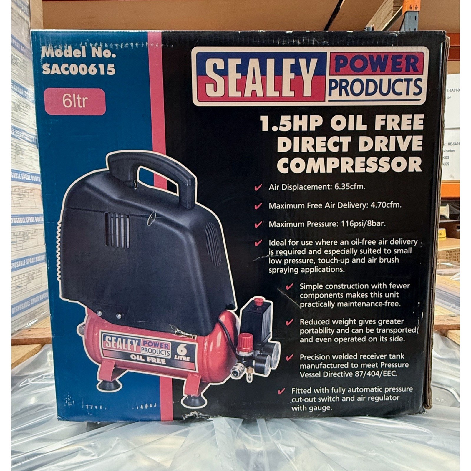 Sealey Belt Drive Oil Free Compressor (6 Litre, 1hp, 6.35cfm Displacement)