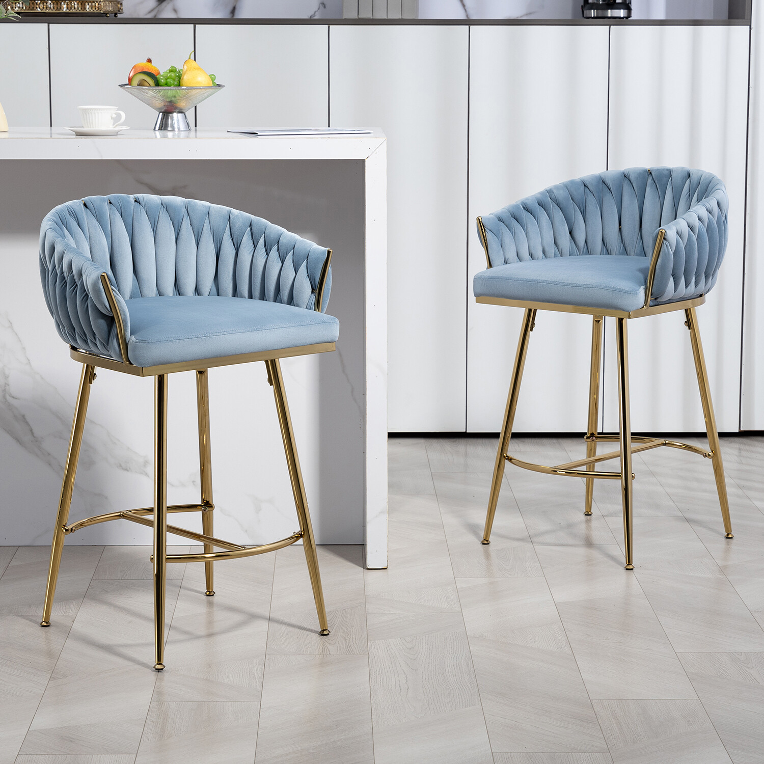 Set of 2 Bar Stools Bar Chair Counter Height Dining Chair with Footrest Blue