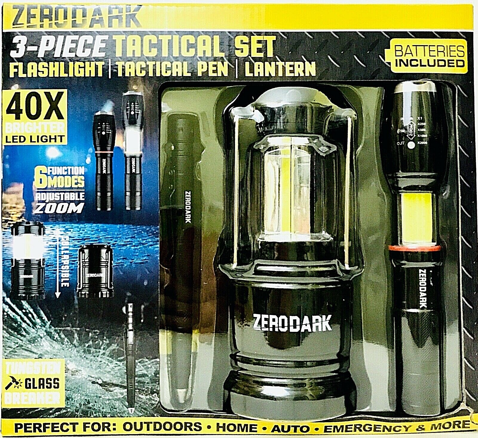 Aduro Sport Zero Dark 3 Pc Tactical Set Flashlight Glass Breaker Pen & Lantern