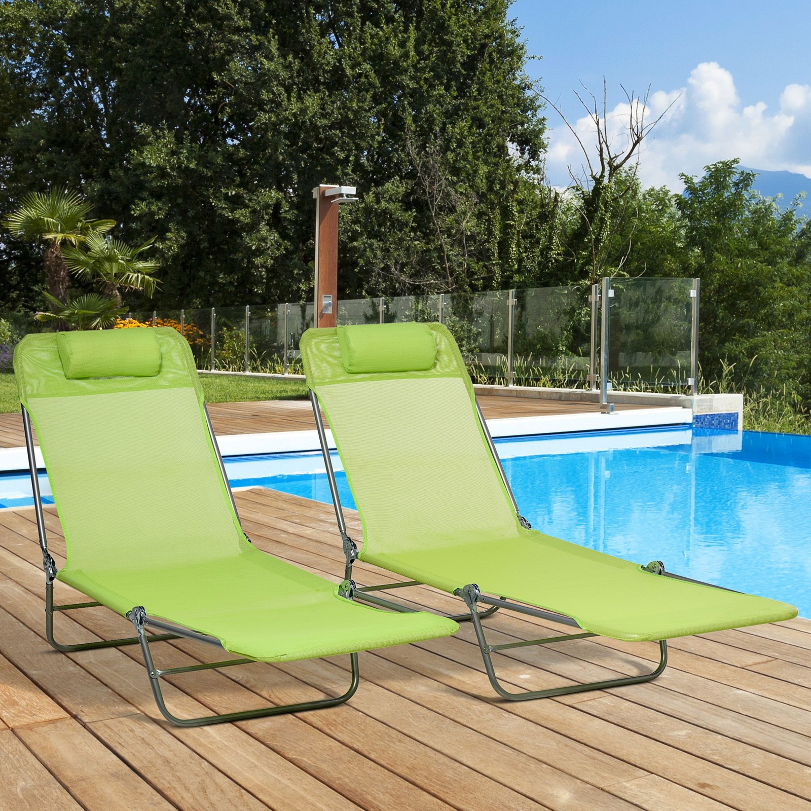 Spacious Reclining Chair Set, 2-Pack, Mesh Seat, Foldable, Yard Use, Green
