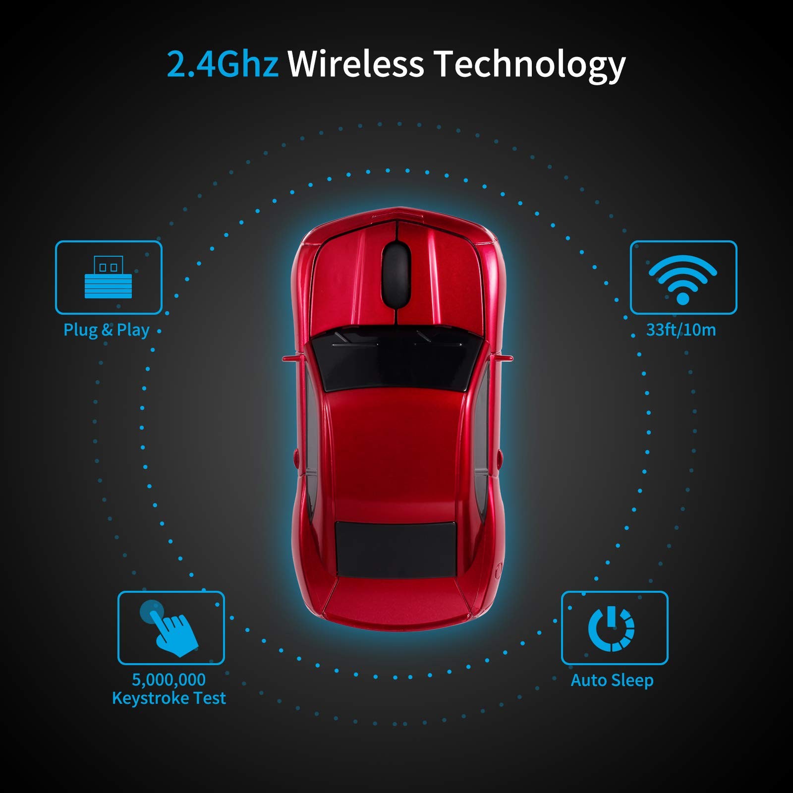 Red Sports Car Shaped Wireless Mouse LED Headlights 1600 DPI Mac Computer