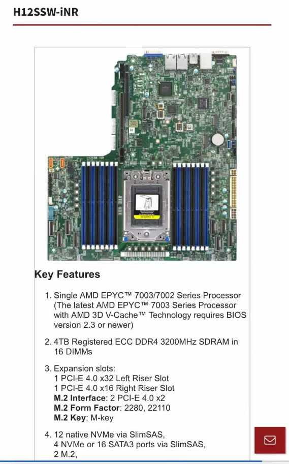Supermicro H12SSW-INR motherboard AMD EPYC 7002-7003 CPU socket SP3