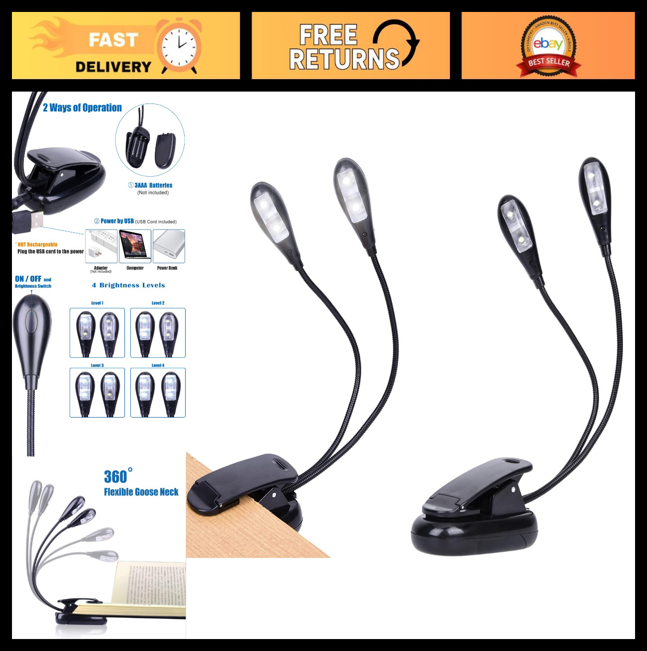 2 Pack Clip-On Music Stand Light, USB & Battery Operated, Eye-Caring LED, 2 Brig