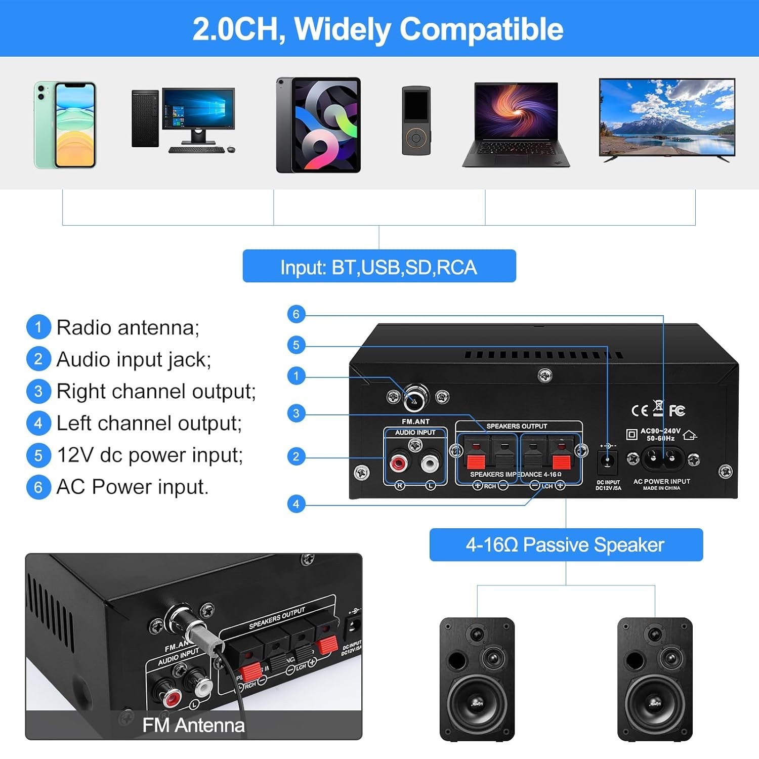 Stereo Receiver & Amplifier Home Audio Amp, AK45 Bluetooth Receiver for Home NEW