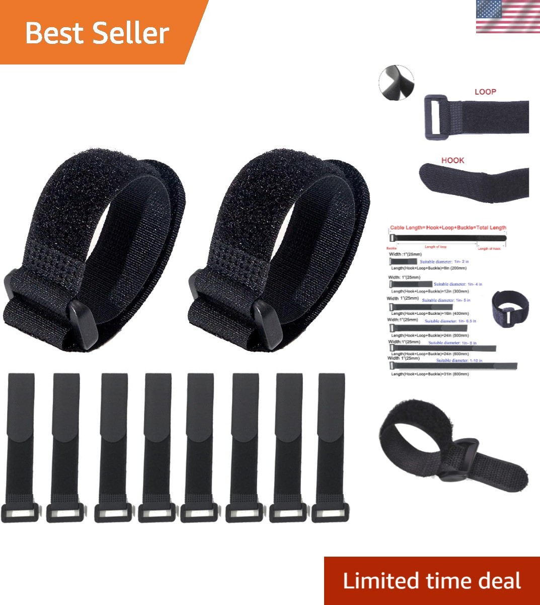 10-Pack Reusable Self-Adhesive Nylon Cable Straps - Adjustable & Tidy 1" x 8"