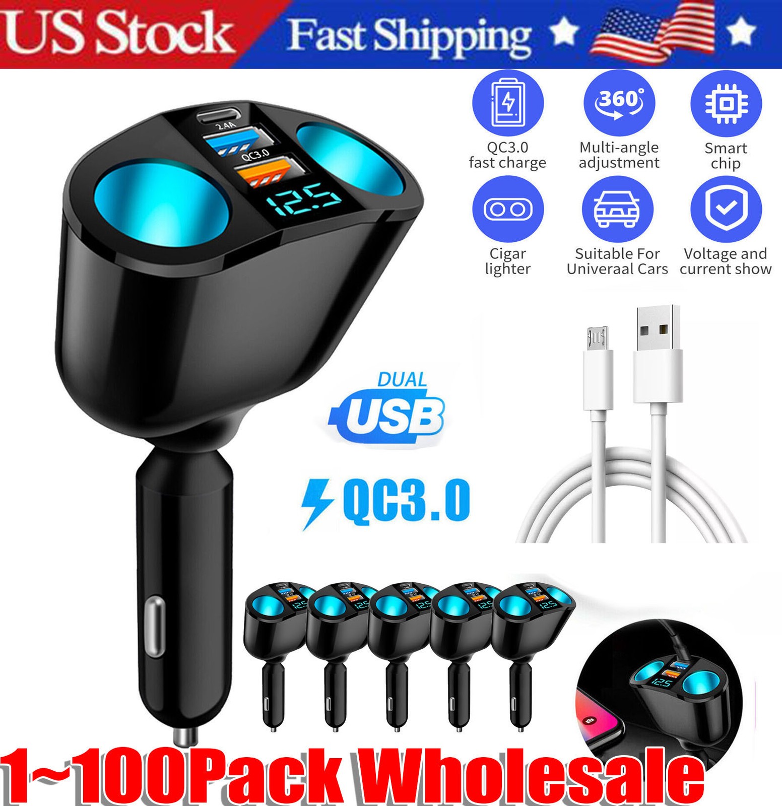 Dual USB Car Cigarette Lighter Socket Splitter Power Adapter Charger Outlet lot