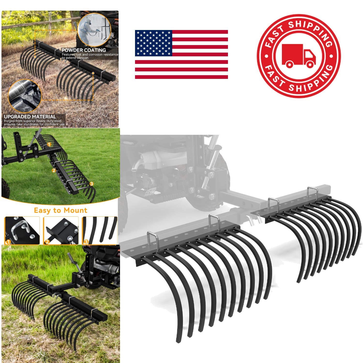 ATV Landscape Rake Implement 48 Inch Wide Metal Head for Lawn Debris Removal