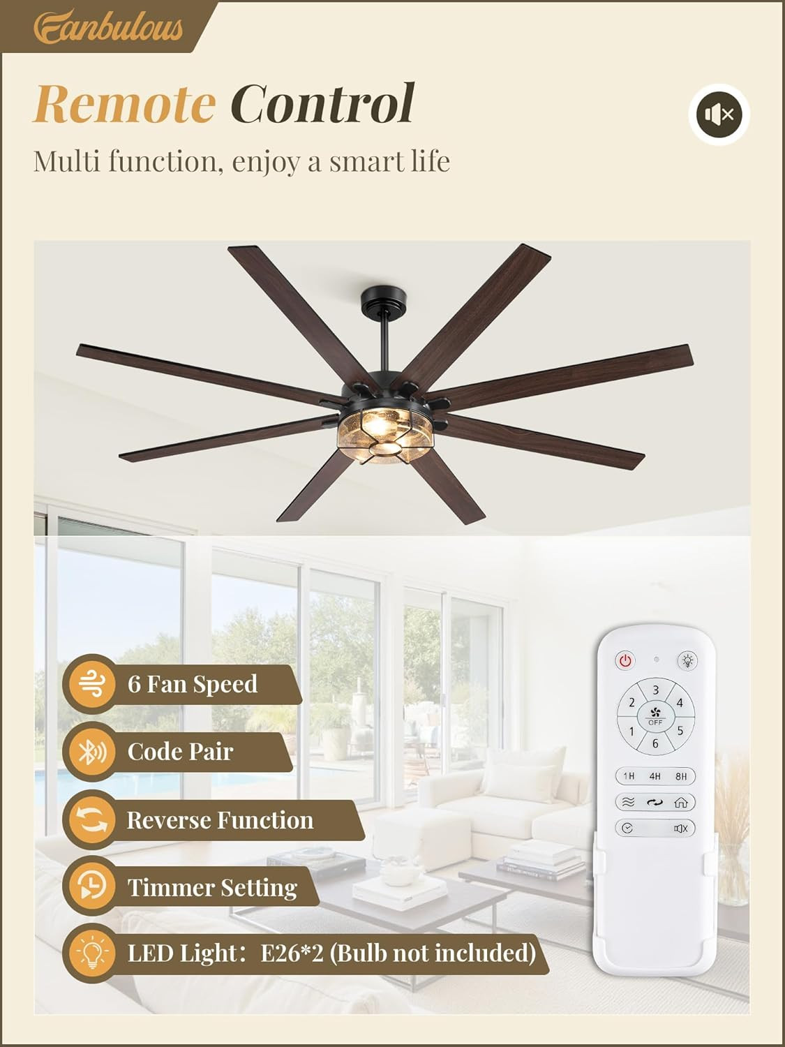 72" Rustic Ceiling Fan with Lights, Remote Control & Silent DC Motor
