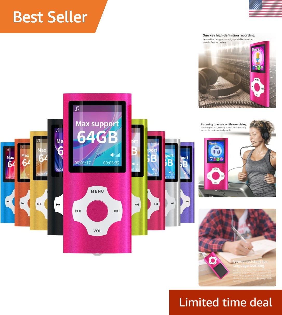 Multifunctional Pink MP3 Player: 1.8" Screen, FM Radio, E-Book Support, 64GB