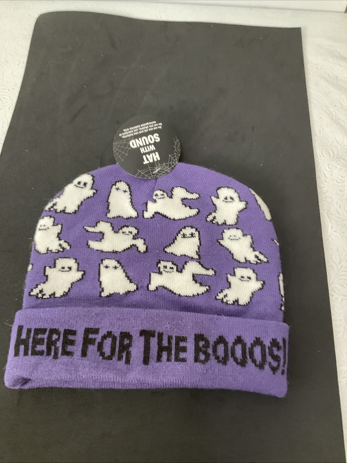 Halloween Beanie Hat Purple -White Ghosts”Here For The Boos! NEW-defect