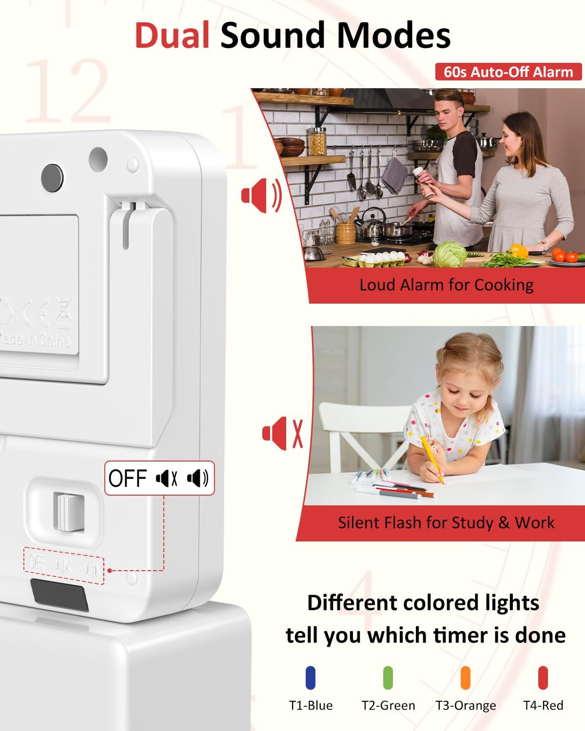 Digital Kitchen Timer for Cooking - 4 Channel Count Up Countdown Timer with L...