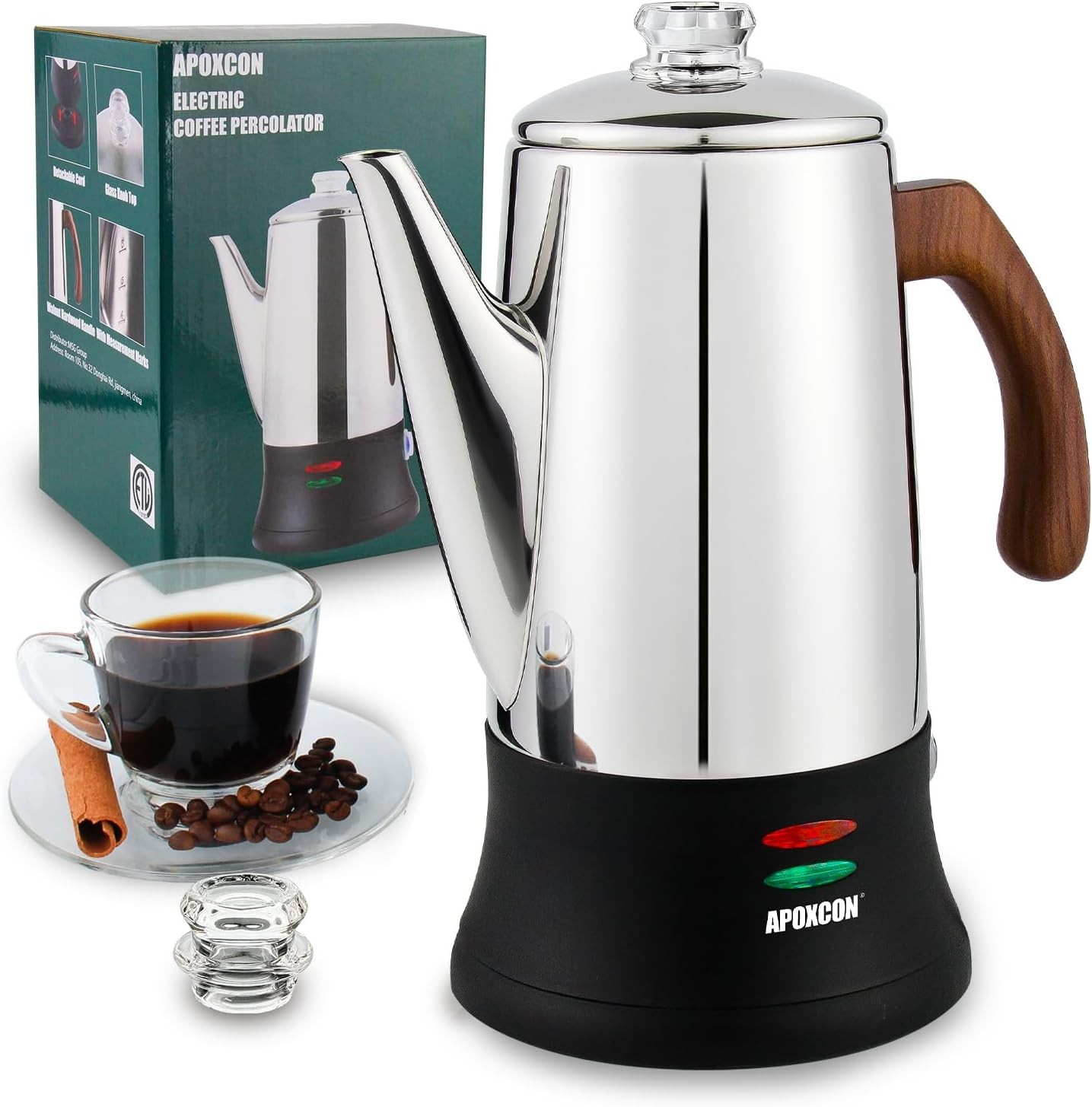 Electric Coffee Percolator Stainless Steel Coffee Maker W/ Two Heat Resistant