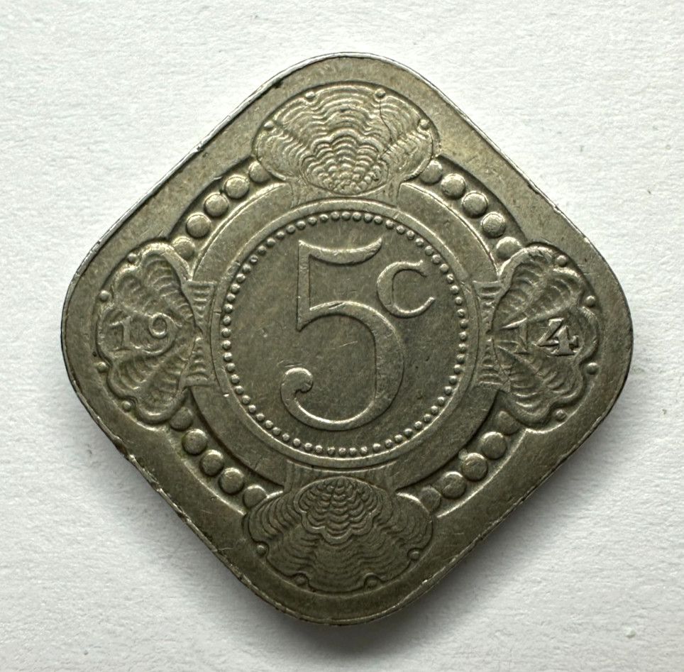 1914 Netherlands 5 Cent Coin, 21.3mm, Cu-Ni, AU About Uncirculated