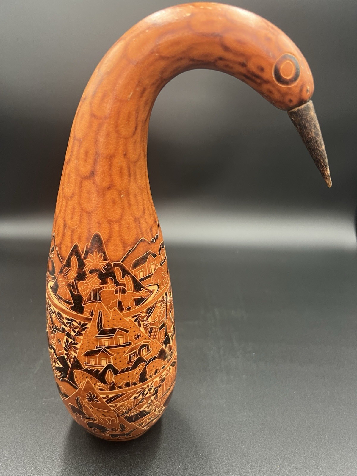 Vintage Peruvian Folk Art Carved Gourd Bird Statue Hand Carved