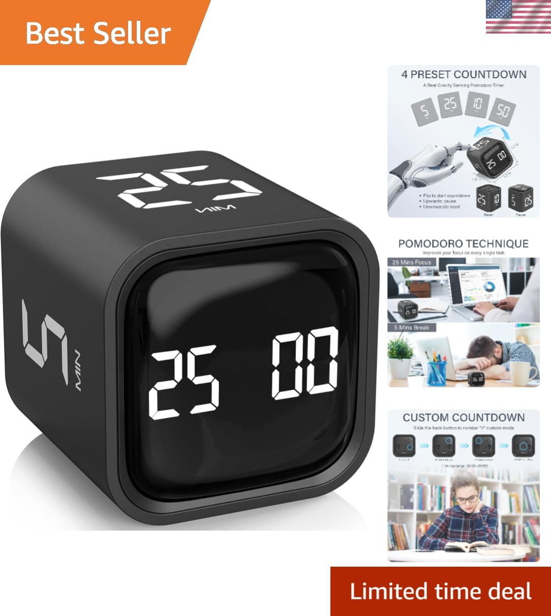 Rotating Pomodoro Timer 5/25/10/50, Desk Productivity Flip Timer, ADHD Tool |...