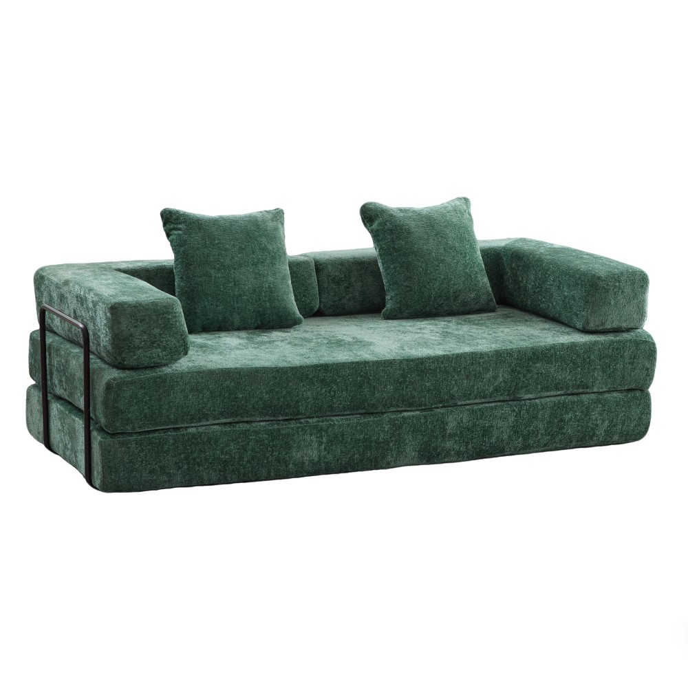 Memory Foam Foldable Sofa Bed 3-Seat Futon for Living Room, Dark Green Chenille