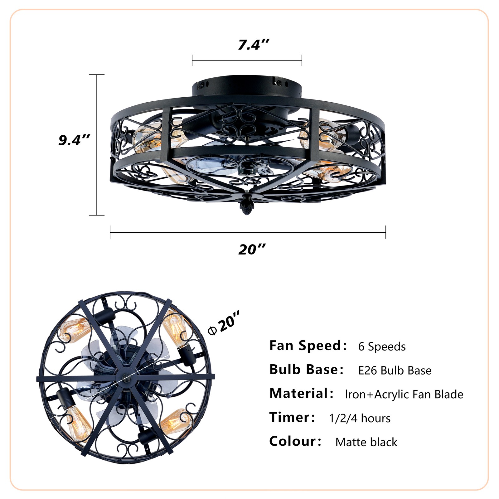 20'' Mounting Type Ceiling Fan,Reversible Motor, DC Remote Control,Speed Ceiling