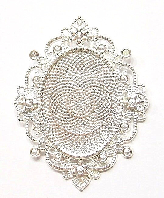 4 of 40x30mm Shiny Silver Victorian Art Deco Beaded Scroll Pendant Settings