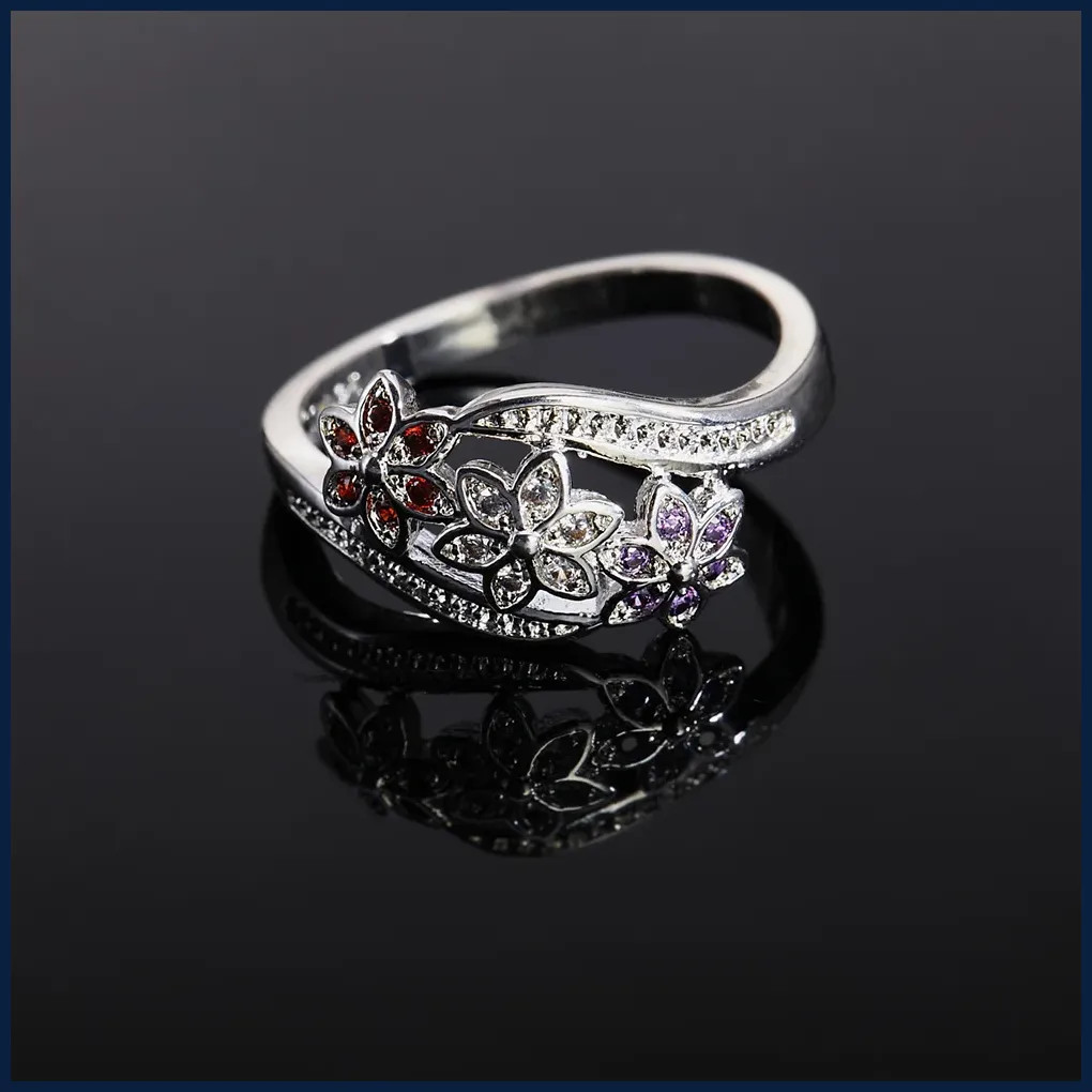 925 Sterling Silver Crystal Flower Ring Women Size 6-9 Party Wedding Jewelry