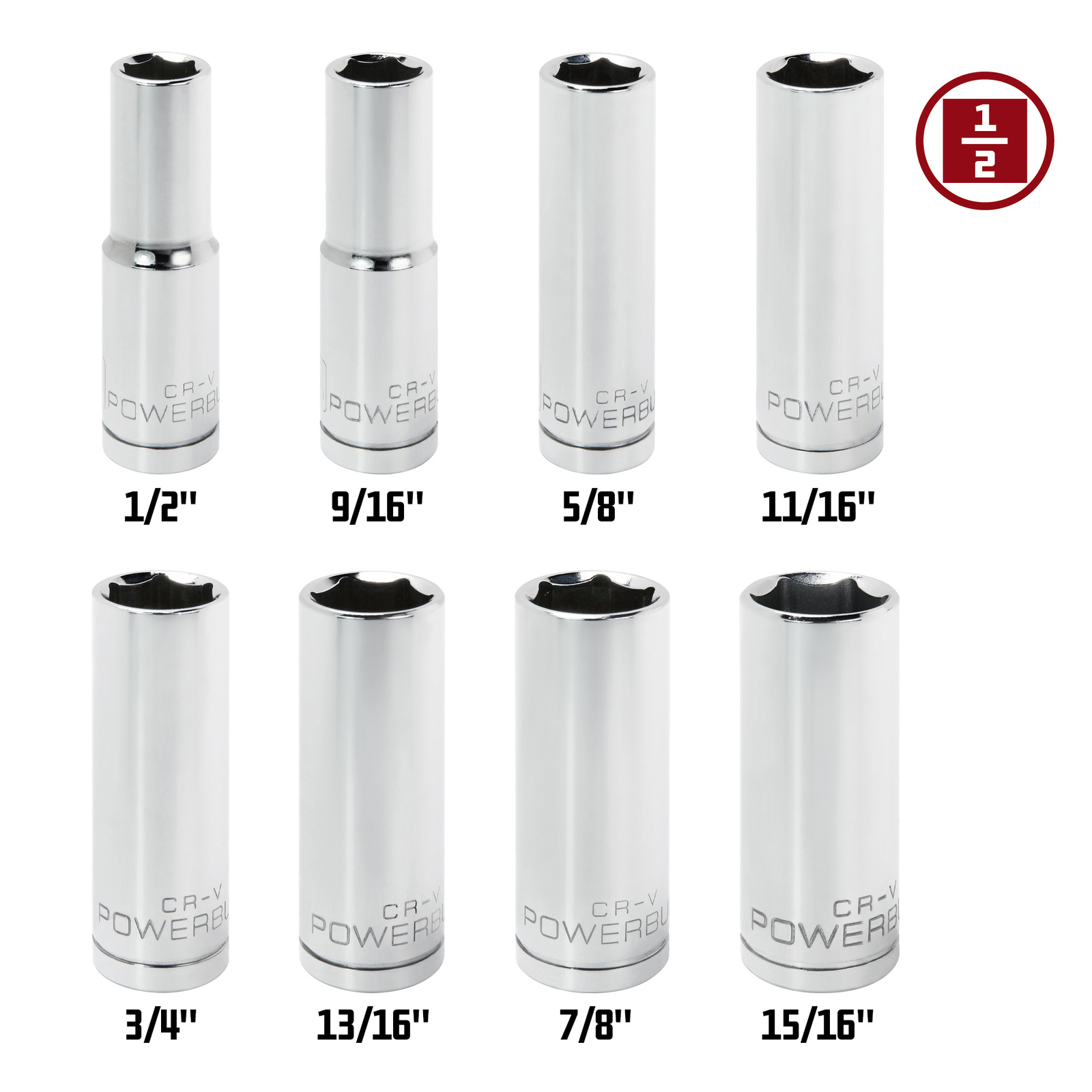 Powerbuilt 8 Piece 1/2 Inch Drive SAE 6 Point Deep Socket Set - 640056