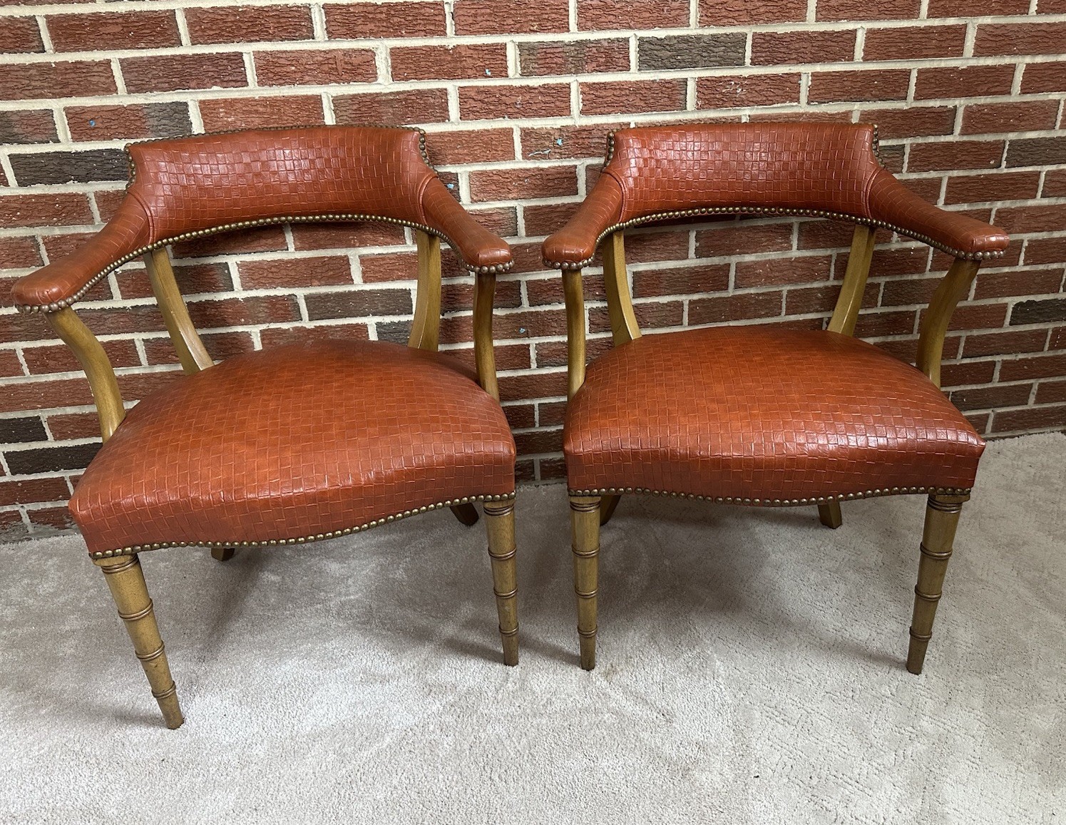 Pair Of Vintage Faux Bamboo Leg Patchwork Leather Nail Head Chairs Buyer$Ship
