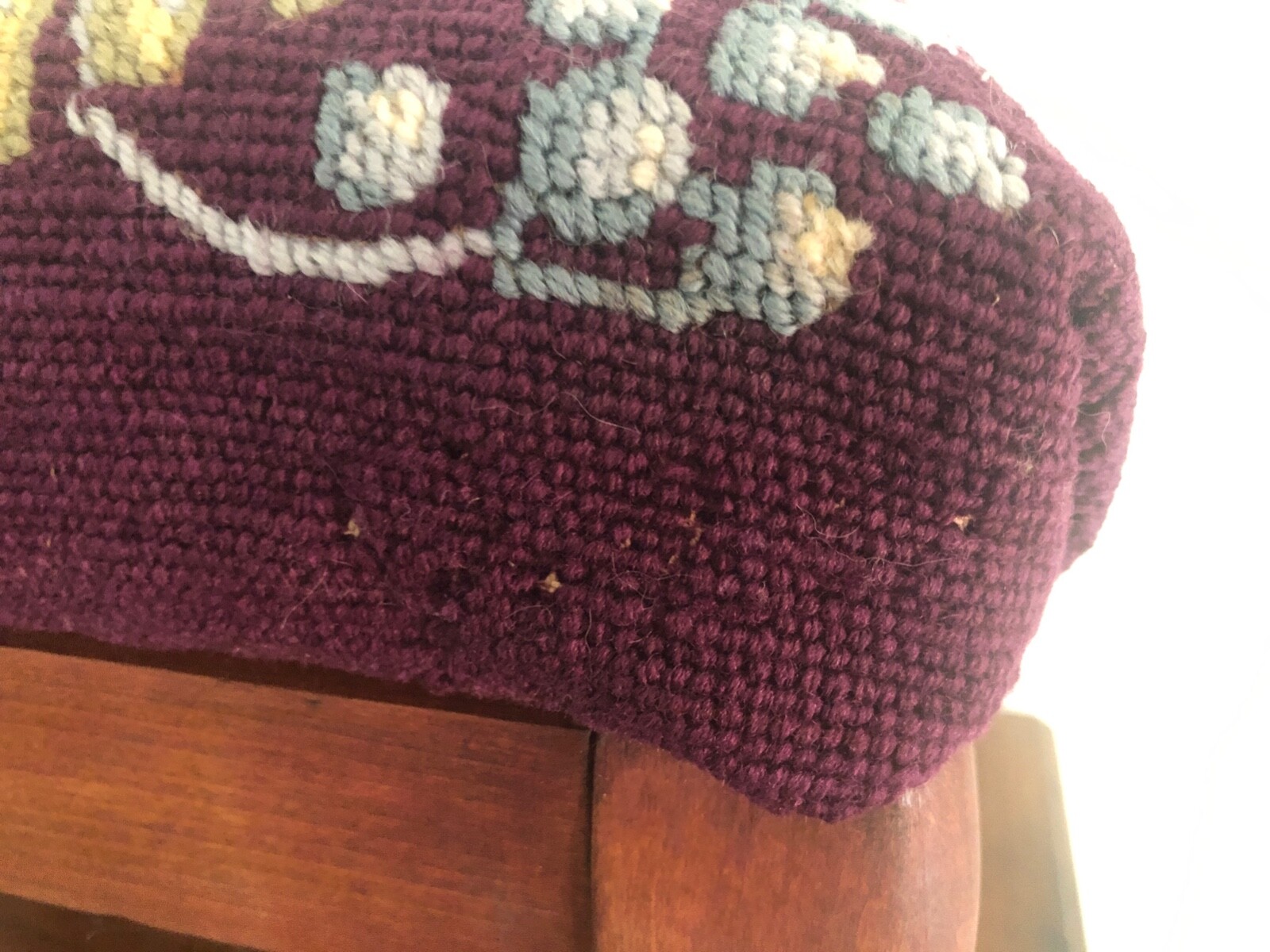 Antique Foot Stool Needlepoint Grapes & Leaf on Plum Background Wool 10" Tall